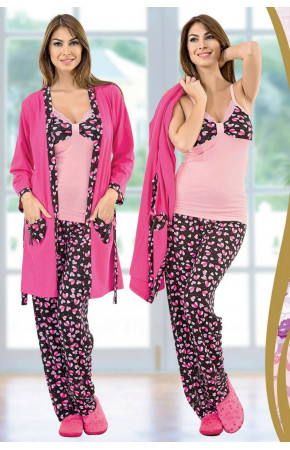 Pembe Renk Kadın 3 lü Pijama Takımı - Jenika 9478 Pembe Bayan Sabahlıklı Pijama Takımı