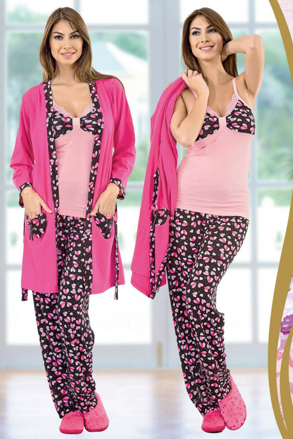 Pembe Renk Kadın 3 lü Pijama Takımı - Jenika 9478 Pembe Bayan Sabahlıklı Pijama Takımı