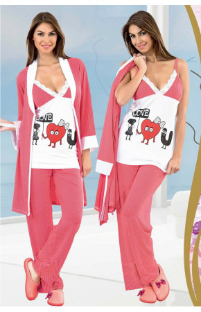 Bayan 3 lü Baskılı Desenli Pijama Takımı - Jenika 9480 Kadın Sabahlıklı Pijama Takımı