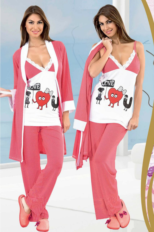 Bayan 3 lü Baskılı Desenli Pijama Takımı - Jenika 9480 Kadın Sabahlıklı Pijama Takımı