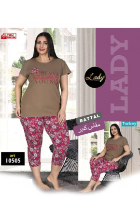 Lady 10505 Büyük Beden Kahve Renk ve Desenli Kapri Pijama Takımı