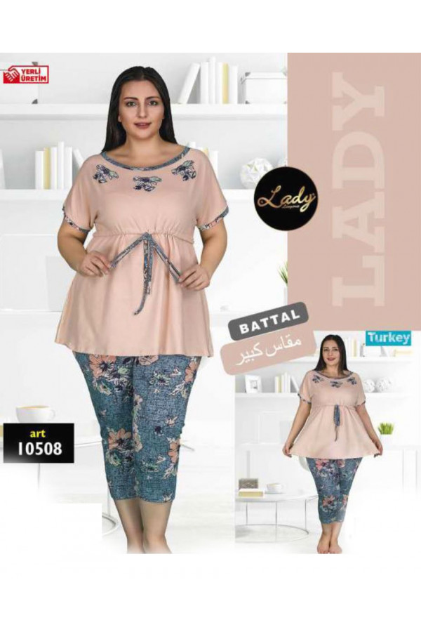 Lady 10508 Büyük Beden Pudra Renk ve Desenli Kapri Pijama Takımı