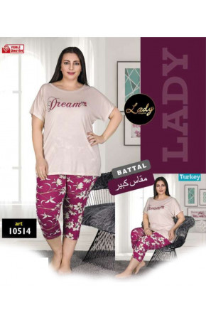 Lady 10514 Büyük Beden Pembe Renk ve Desenli Kapri Pijama Takımı