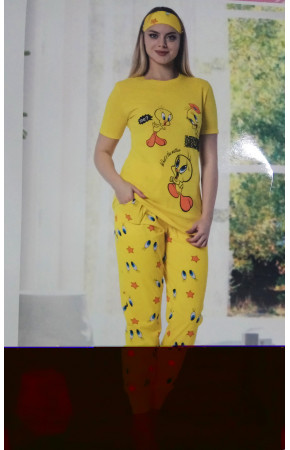 Justin 3403 Twety Model Sarı Renk 2 li Pijama Takımı - Göz Bandı Hediyeli