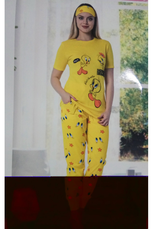 Justin 3403 Twety Model Sarı Renk 2 li Pijama Takımı - Göz Bandı Hediyeli