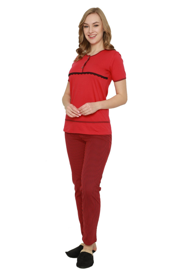 Kadın Kırmızı Renkli  Kadın Kısa Kol Pijama Takımı - Erdeniz 0223 Bayan Pijama Takımı