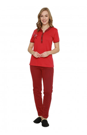 Kadın Kırmızı Renkli  Kadın Kısa Kol Pijama Takımı - Erdeniz 0224 Bayan Pijama Takımı
