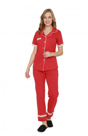 Kadın Kırmızı Renkli  Kadın Kısa Kol Pijama Takımı - Erdeniz 0225 Bayan Önden Düğmeli  Pijama Takımı