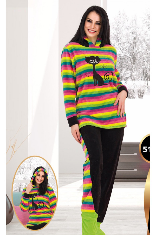 Teknur 51001 Kapüşonlu Welsoft Kışlık Bayan Pijama Takımı