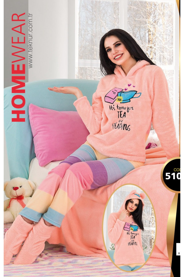 Teknur 51020 Kapüşonlu Welsoft Bayan Pijama Takımı