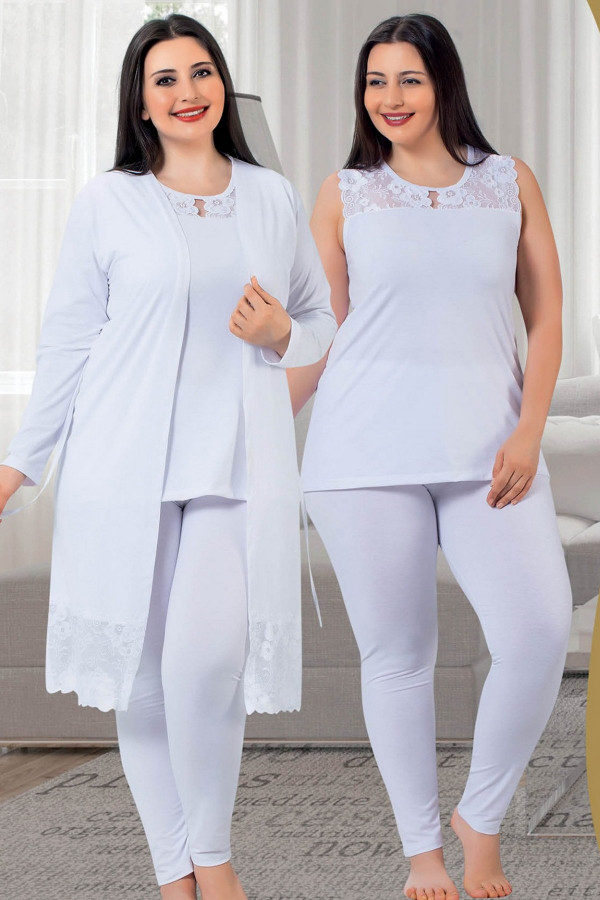 Büyük Beden Jenika 23052 Beyaz Renk Sabahlıklı Pijama Takımı