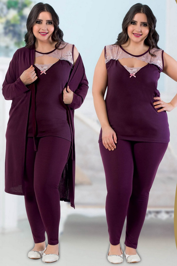 Büyük Beden Jenika 24430 Mürdüm Renk Sabahlıklı Pijama Takımı