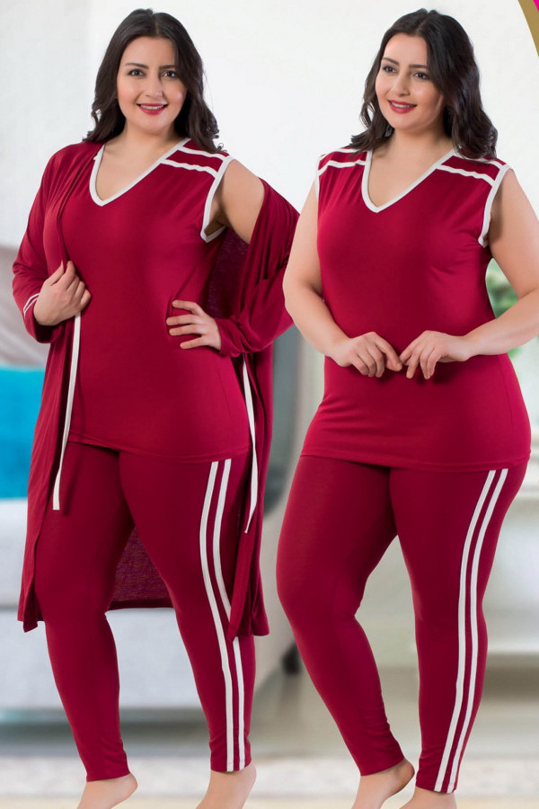 Büyük Beden Jenika 24436 Bordo Renk Sabahlıklı Pijama Takımı