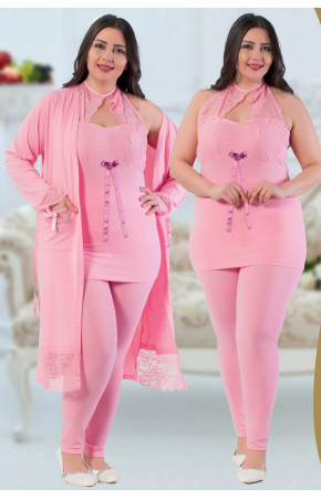 Büyük Beden Jenika 24460 Açık Pembe Renk Sabahlıklı Pijama Takımı