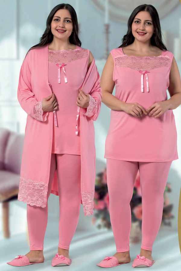 Büyük Beden Jenika 29264 Açık Pembe Renk Sabahlıklı Pijama Takımı