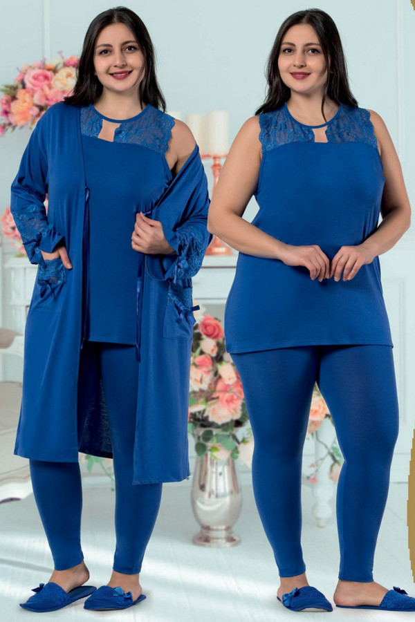 Büyük Beden Jenika 29274 Mavi Renk Sabahlıklı Pijama Takımı