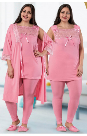 Büyük Beden Jenika 29289 Açık Pembe Renk Sabahlıklı Pijama Takımı