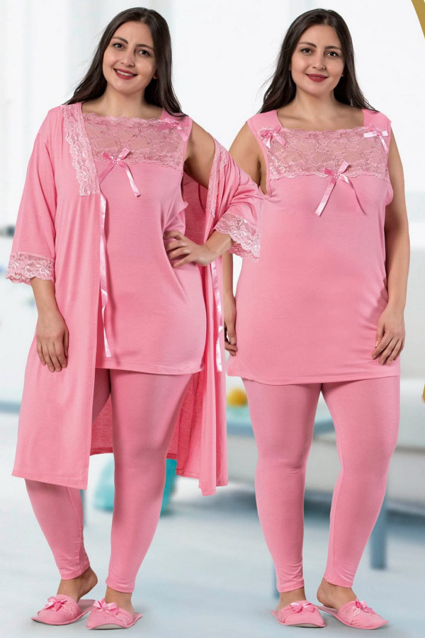 Büyük Beden Jenika 29289 Açık Pembe Renk Sabahlıklı Pijama Takımı