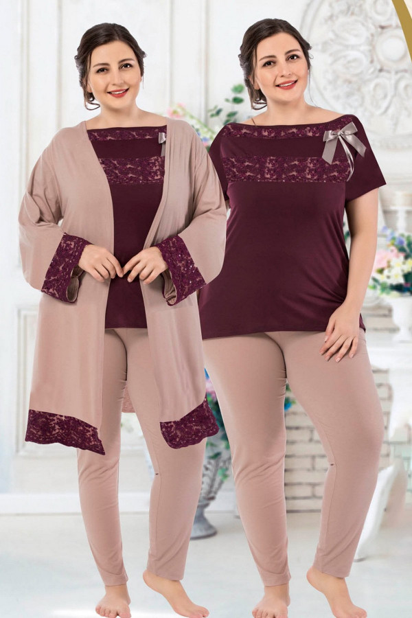 Büyük Beden Jenika 40134 Mürdüm Renk Sabahlıklı Pijama Takımı