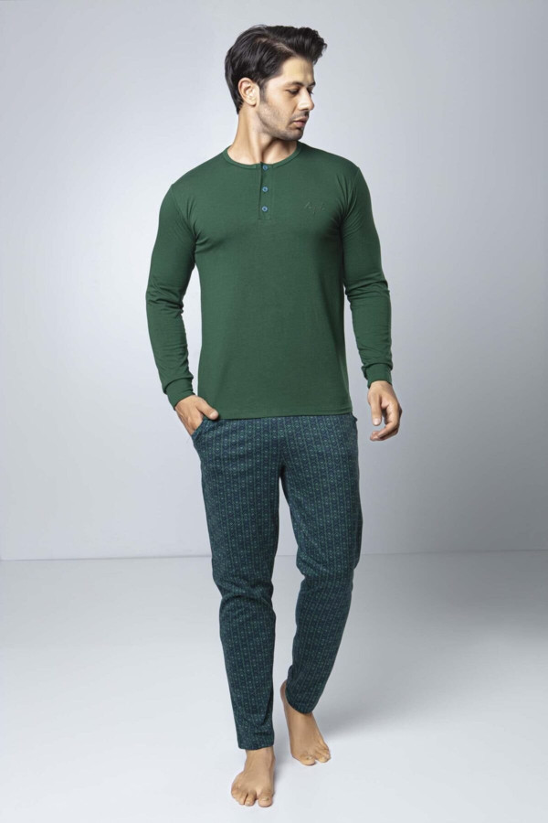 Modal Kumaş Aydoğan 3980 Yeşil Renk Pijama Takımı - Uzun Kollu Erkek Pijama Takımı
