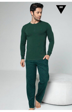 Pamuklu Kumaş Aydoğan Akare 332 Koyu Yeşil Renk Pijama Takımı - Uzun Kollu Erkek Pijama Takımı