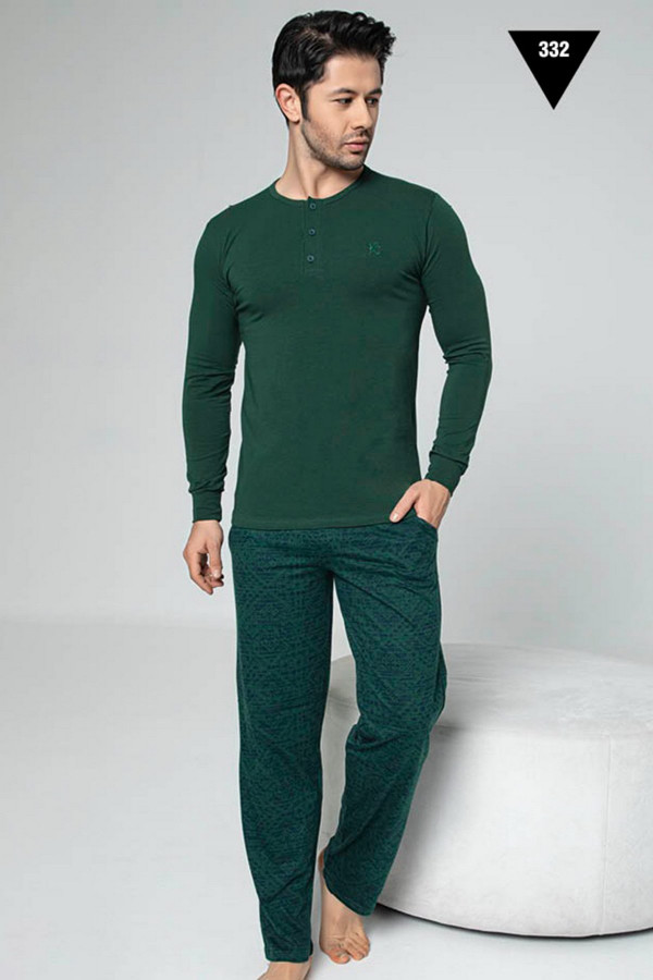 Pamuklu Kumaş Aydoğan Akare 332 Koyu Yeşil Renk Pijama Takımı - Uzun Kollu Erkek Pijama Takımı