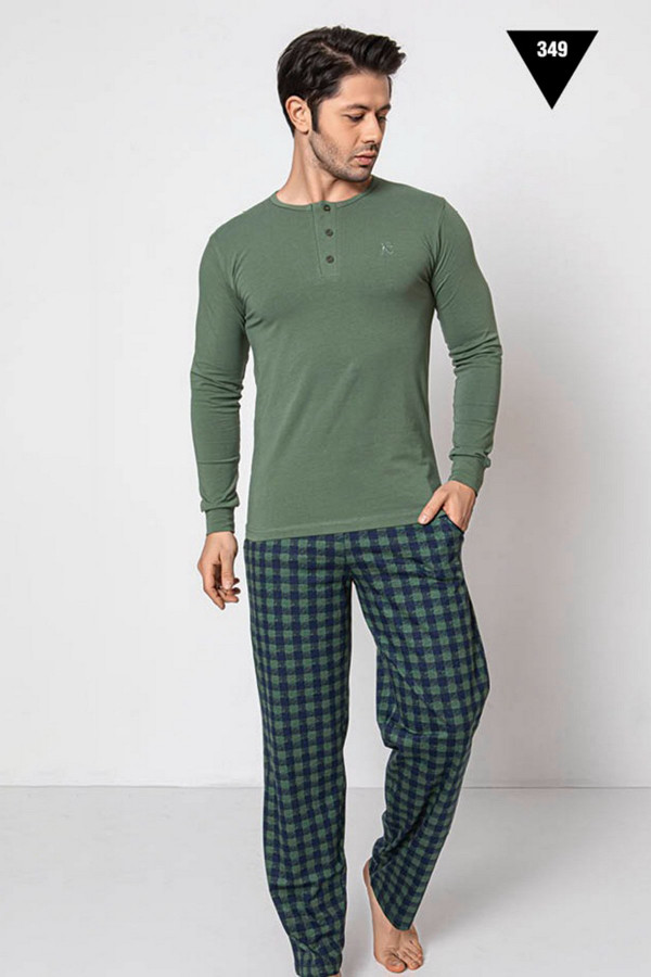 Pamuklu Kumaş Aydoğan Akare 349 Yeşil Renk Pijama Takımı - Uzun Kollu Erkek Pijama Takımı
