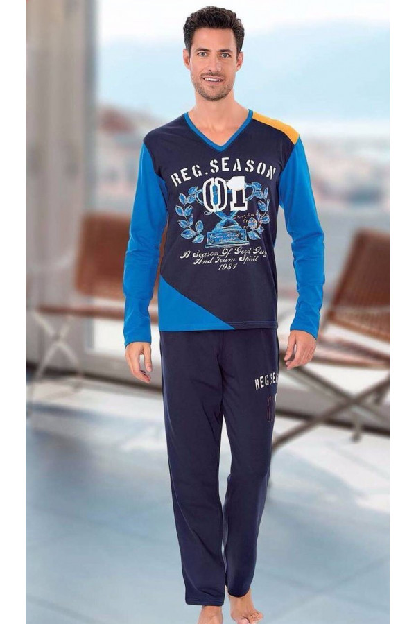 Teknur Baskılı ve Renkli Erkek Pijama Takımı %100 Pamuklu 36005