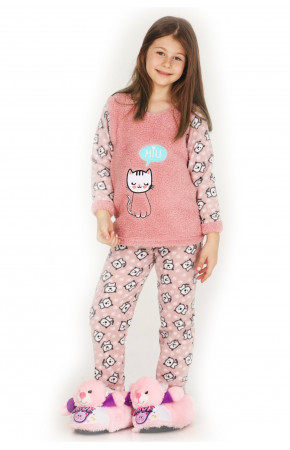 Teknur 41004 Kız Çocuk Pudra Polar Kumaş Kedi Desenli Uzun Kol Pijama Takımı