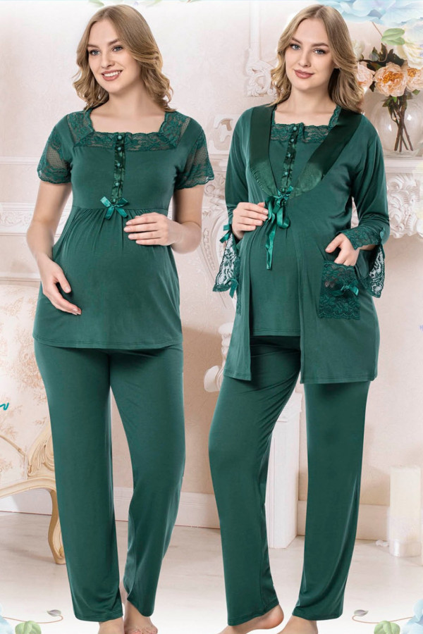Kadın Yeşil Sabahlıklı Lohusa Pijama Takımı Jenika 35710 - Jenika 3lü Kadın Sabahlıklı Hamile Pijaması