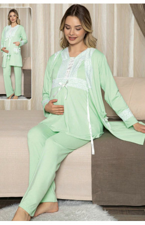Kadın Açık Yeşil Sabahlıklı Lohusa Pijama Takımı Jenika 47076 - Jenika 3lü Kadın Sabahlıklı Hamile Pijaması