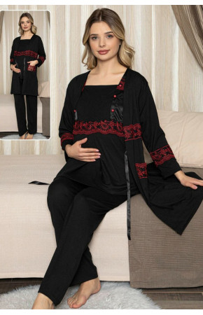 Kadın Siyah Sabahlıklı Lohusa Pijama Takımı Jenika 47091 - Jenika 3lü Kadın Sabahlıklı Hamile Pijaması
