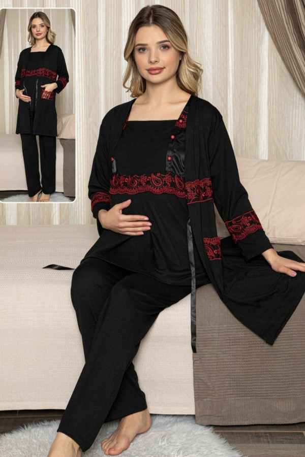 Kadın Siyah Sabahlıklı Lohusa Pijama Takımı Jenika 47091 - Jenika 3lü Kadın Sabahlıklı Hamile Pijaması