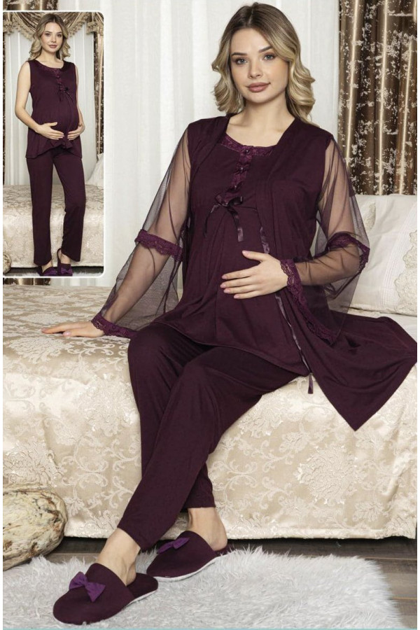 Kadın Mürdüm Sabahlıklı Lohusa Pijama Takımı Jenika 47101 - Jenika 3lü Kadın Sabahlıklı Hamile Pijaması Kadın Mürdüm Sabahlıklı Lohusa Pijama Takımı Jenika 47101 - Jenika 3lü Kadın Sabahlıklı Hamile Pijaması