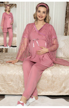 Kadın Gül Kurusu Sabahlıklı Lohusa Pijama Takımı Jenika 47131 - Jenika 3lü Kadın Sabahlıklı Hamile Pijaması