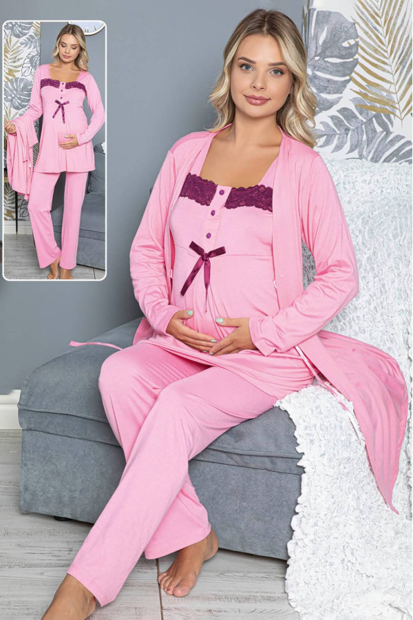 Kadın Sabahlıklı Lohusa Pijama Takımı Jenika 35738 3lü Kadın Sabahlıklı Hamile Pijaması