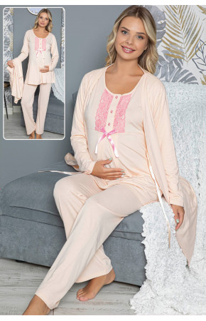 3 lü Kadın Sabahlıklı Lohusa Pijama Takımı - Jenika 42294 3lü Kadın Sabahlıklı Hamile Pijaması