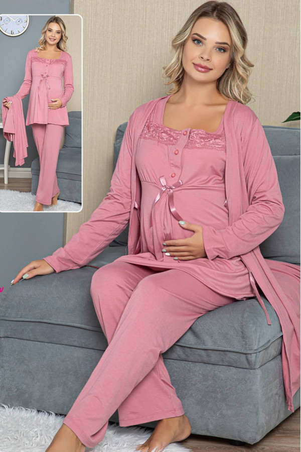 Kadın Sabahlıklı Lohusa Pijama Takımı Jenika 42329 3lü Kadın Sabahlıklı Hamile Pijaması