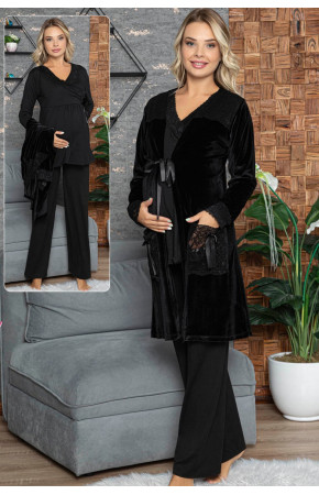 Kadın Siyah Lohusa Pijama Takımı Jenika 42422  Sabahlıklı  3lü Sabahlıklı Hamile Pijaması