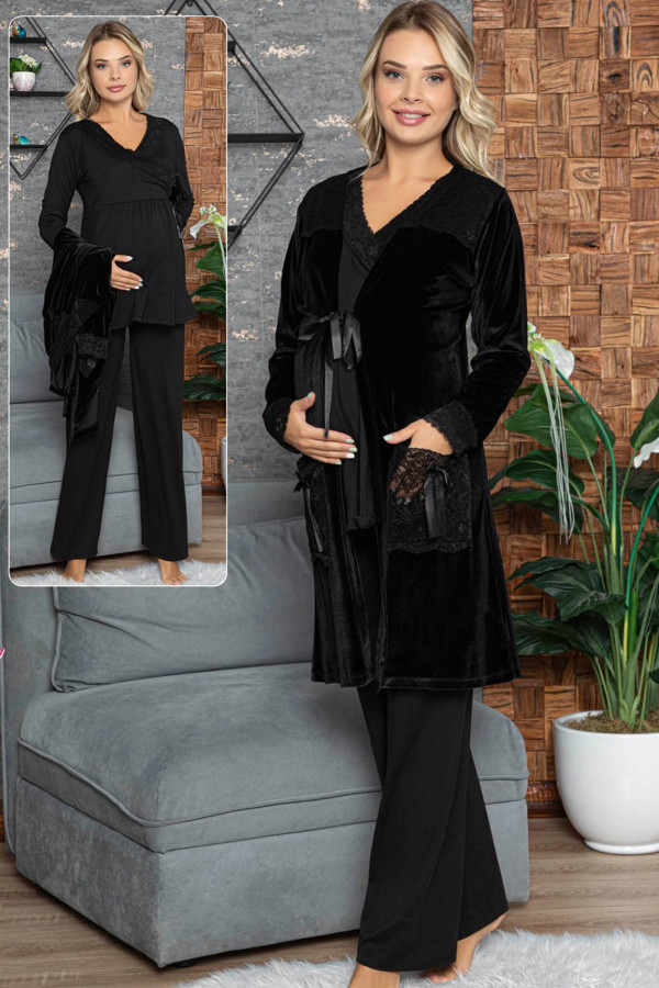 Kadın Siyah Lohusa Pijama Takımı Jenika 42422  Sabahlıklı  3lü Sabahlıklı Hamile Pijaması