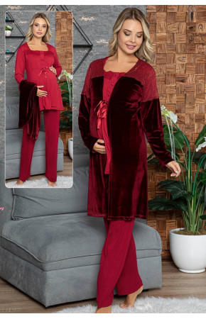 Kadın Bordo Lohusa Pijama Takımı Jenika 42425  Sabahlıklı  3lü Sabahlıklı Hamile Pijaması