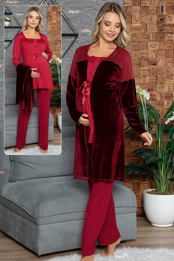 Kadın Bordo Lohusa Pijama Takımı Jenika 42425  Sabahlıklı  3lü Sabahlıklı Hamile Pijaması