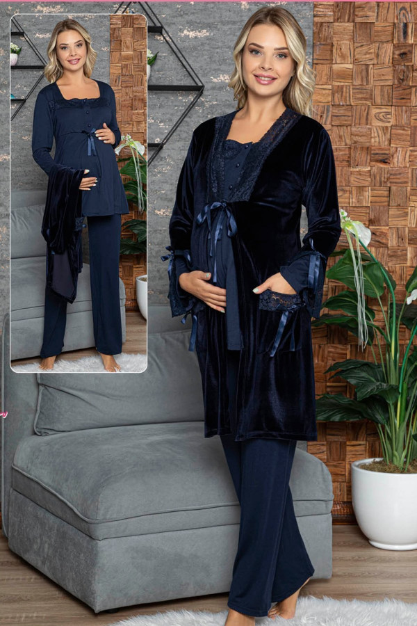 Kadın Lacivert Lohusa Pijama Takımı Jenika 42426  Sabahlıklı  3lü Sabahlıklı Hamile Pijaması