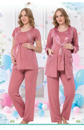 Kadın Sabahlıklı Lohusa Pijama Takımı Jenika 35756 3 lü Kadın Sabahlıklı Hamile Pijaması