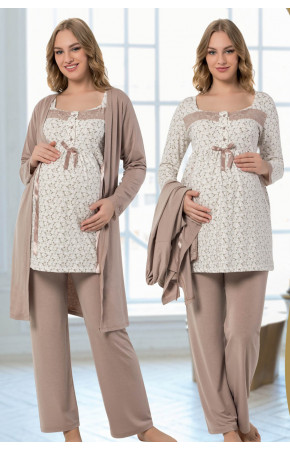 Kadın Sabahlıklı 3 lü Lohusa Pijama Takımı - Jenika 36232 3lü Kadın Sabahlıklı Hamile Pijaması