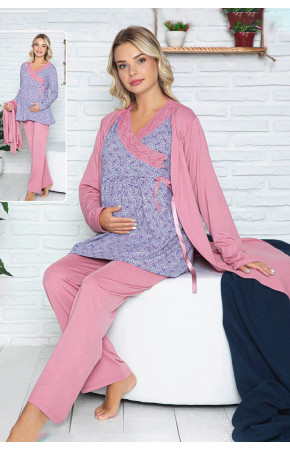 Sabahlıklı Lohusa Pijama Takımı Jenika 42532 3lü Sabahlıklı Hamile Pijaması
