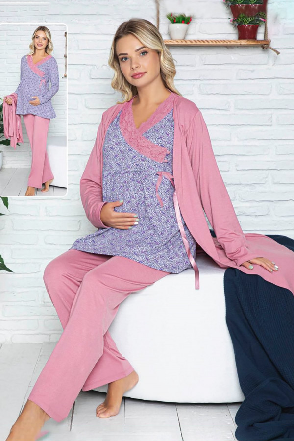 Sabahlıklı Lohusa Pijama Takımı Jenika 42532 3lü Sabahlıklı Hamile Pijaması