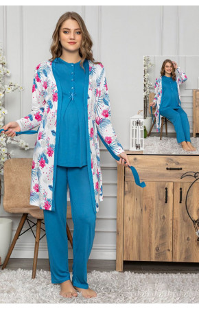 Mavi Renk Kadın Kadın Sabahlıklı Lohusa Pijama Takımı Tuba Pelin 1451- 3 lü Hamile Pijama Takım