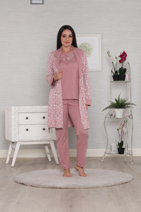 Kadın Pudra Lohusa Kadın Sabahlıklı Pijama Takımı Tuba 561 - Hamile Pijama Takımı