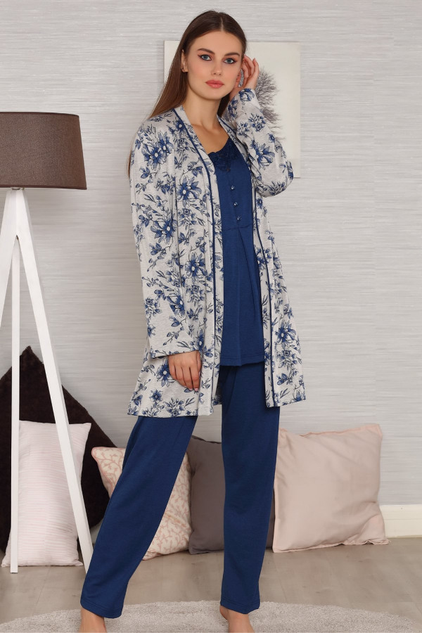 Kadın Sabahlıklı Lohusa Pijama Takımı Tuba 553 3lü Kadın Sabahlıklı Hamile Pijaması